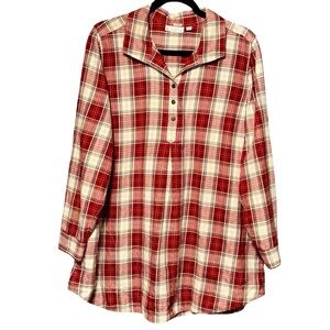 J.Jill Cotton Red Plaid Long Sleeve Quarter Button Front Blouse Top XL